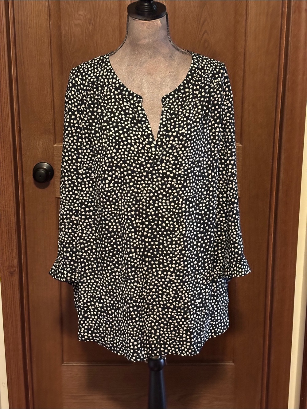 Black Dot-Print Split Neck Tunic Top